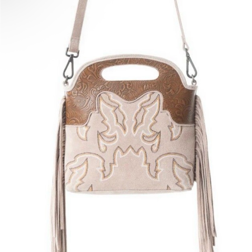 Myra Bag Tan and Brown Cutout Handle Bag. New with tags